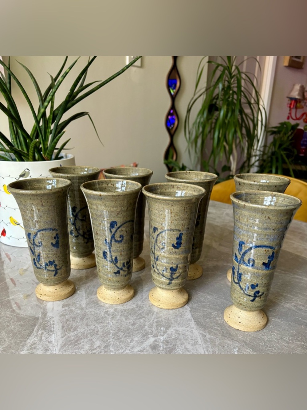 Studio Art Pottery handcrafted Goblets with Blue Floral Motif - Set of 8